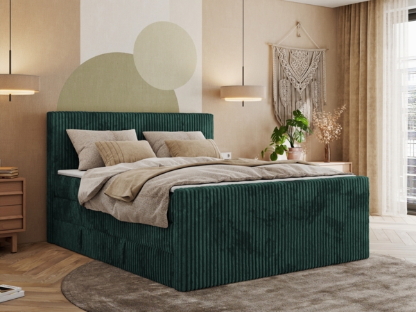 Boxspringbett mit zwei Multipocket-Matratzen und Topper, Doppelbett aus Cordstoff, zwei Bettkästen - TILIANO KING DUO - 180 x 200 cm - Dunkelgrün Cord - H4
