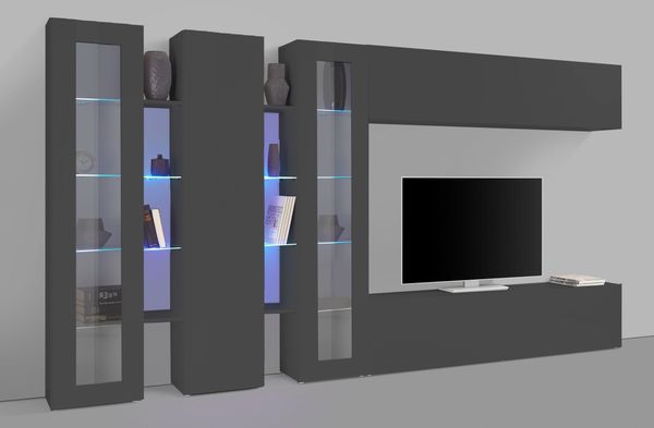 Wohnwand >Benevent< (7-teilig) in Anthrazit matt - 340x180x30 (BxHxT)