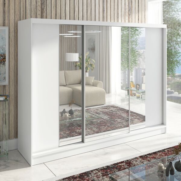 Schwebetürenschrank VENA 3-türig Schrank 200 cm (mit Spiegel) Farbe: Weiß