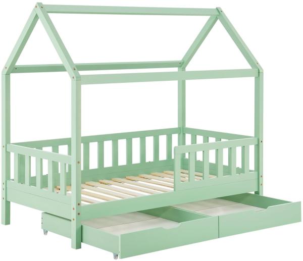 Juskys Kinderbett Marli 80x160 cm mit Bettkasten 2-teilig, Rausfallschutz, Lattenrost & Dach - Massivholz Hausbett für Kinder - Bett in Mint