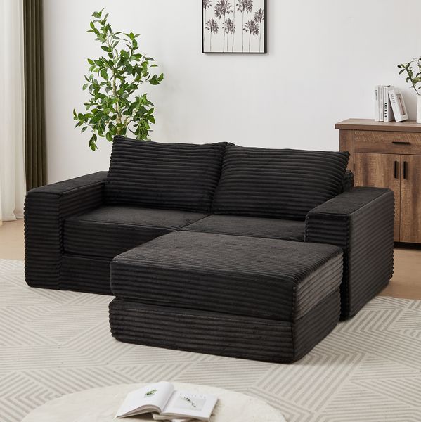 Schlafsofa aus Cord, modular mit beweglicher Fußstütze, 194x169,5x74 cm, schwarz