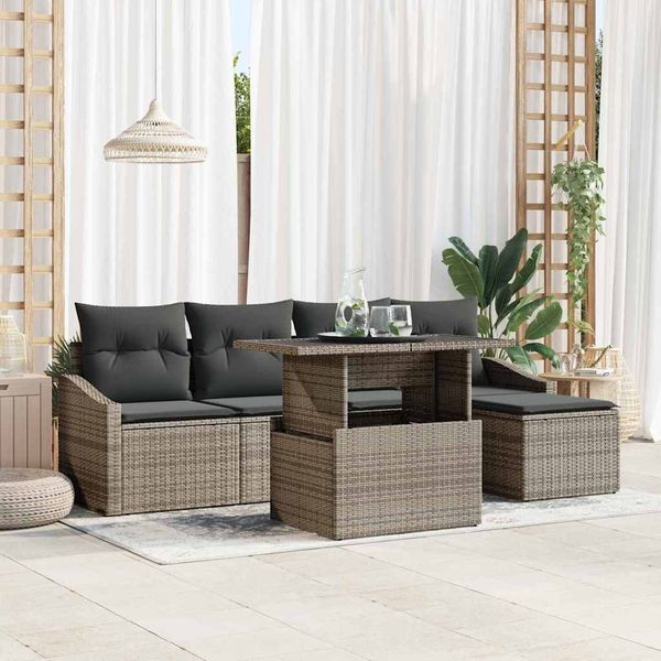 vidaXL Garten-Sofa-Set mit Kissen mit Speicher 6 pcs Grau Poly-Rattan 3357722