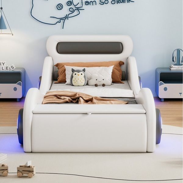 MODFU Kinderbett Autobett mit LED-Rädern (Einzelbett, Polsterbett mit LED-Rädern und Stauraum, 90x200cm), ohne Matratze