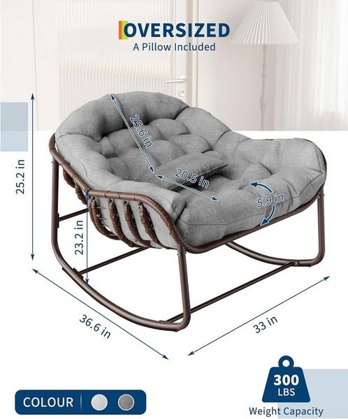 GarveeMore Schaukelstuhl mit Gepolstertem Kissen,Ei-Schaukelstuhl für Wohnzimmer,Garten, Outdoor Patio Überdimensionierter Papasan-Schaukelstuhl,Pflegeleicht