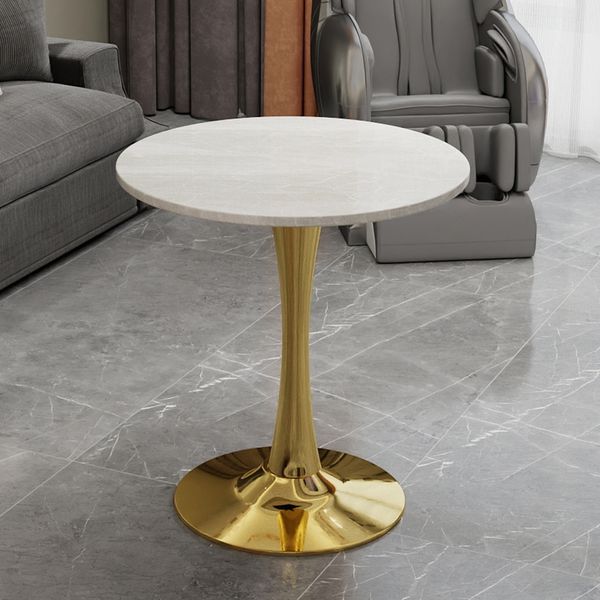 Couchtisch rund H 72 x T 70 x B 70 cm, Kunstmarmor in Weiß mit goldfarbenem Gestell, modern-minimalistisch