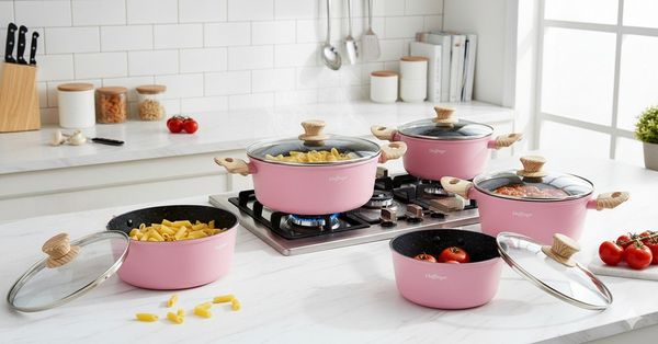 Kochtopf-Set 10-tlg. mit Glasdeckeln – Induktion geeignet, Antihaft-Marmorbeschichtung Pink