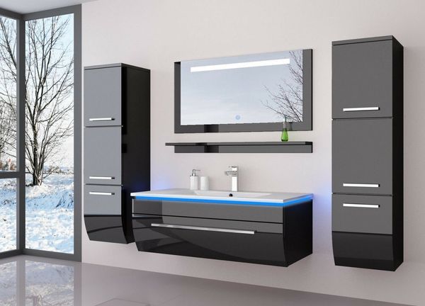 Homeline Badmöbel-Set Danny, (Badmöbel Set Ganz in Hochglanz Schwarz Badezimmermöbel Badmöbel Komplett Bad 70 cm Vormontiert 6 teilig, 6-St, 6-Teilig), Hochglanz Lackiert - Led Touch System-fertig Montiert