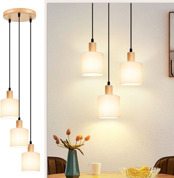ZMH Pendelleuchte aus weißem Holz, Durchmesser 20 cm, E14, Vintage, 3-flammig, rund, für Esszimmer, Restaurant, Küche, Schlafzimmer, Büro