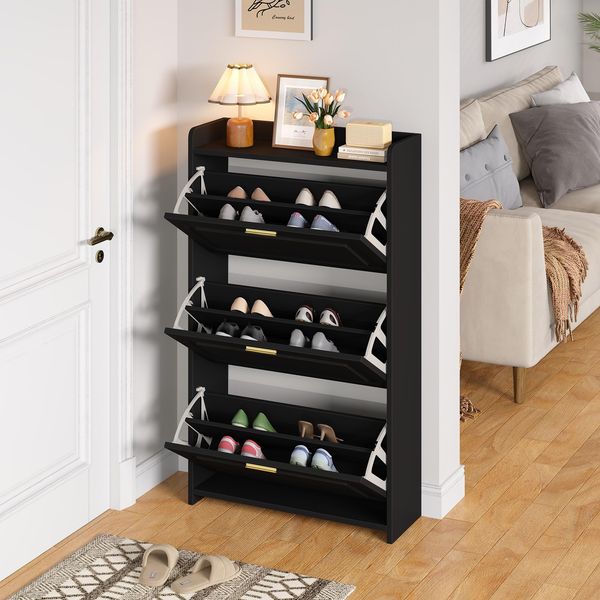 Ball & Cast 3-Klappen-Schuhkipper mit 6 verstellbaren Fächern - Schuhschrank für Eingänge & Flur, 70×24×120 cm, Schwarz