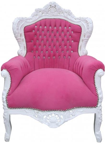 Casa Padrino Barock Sessel King Rosa / Weiß mit Bling Bling Glitzersteinen - Edel & Prunkvoll