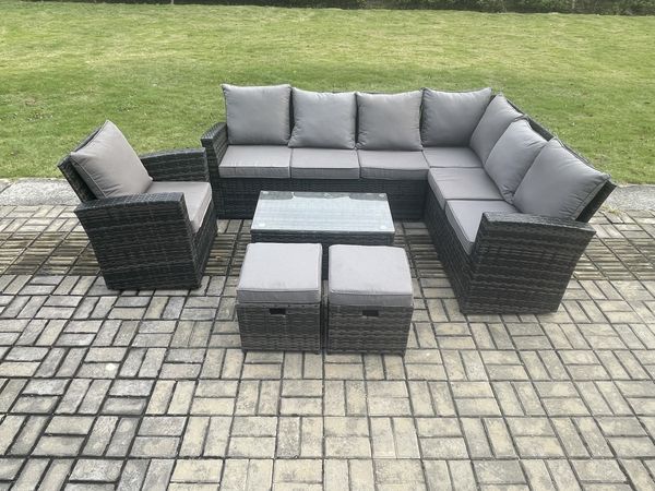 Fimous Gartenmöbel-Set aus Rattan Hoher Rücken Rattan Ecksofa Set mit Sessel Rechteckiger Couchtisch 2 kleine Fußhockern