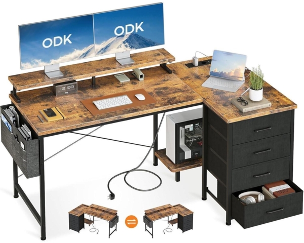 ODK L Form Schreibtisch 140x80x84.7cm Eckschreibtisch 4 Schubladen&Braun