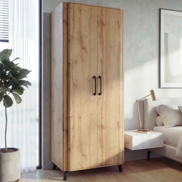 Hochschrank HWC-P42, Garderoben-/Kleiderschrank Kleideraufbewahrung Schrank 2 Türen 216x80x57cm ~ Wotan-Eiche-Optik