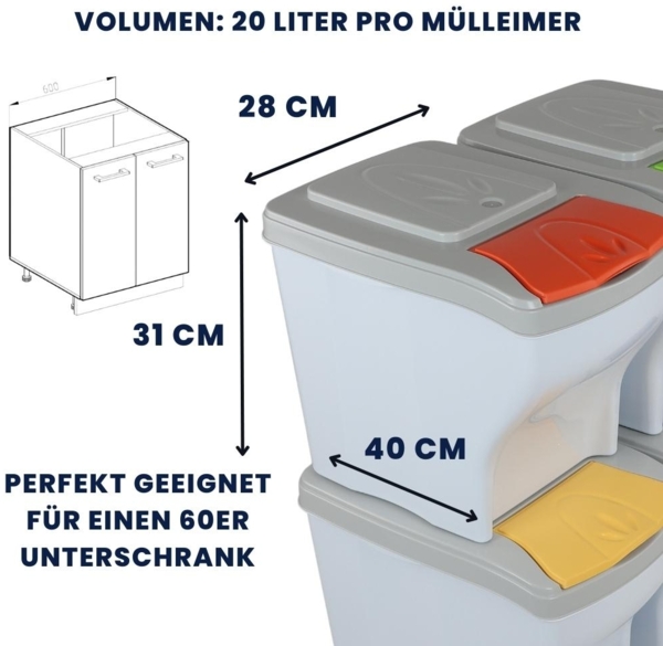 GarPet Mülltrennsystem Mülltrennsystem Küche 4 Fach Stapelbar 60er Schrank 4x20 L Müll Eimer Bild 2