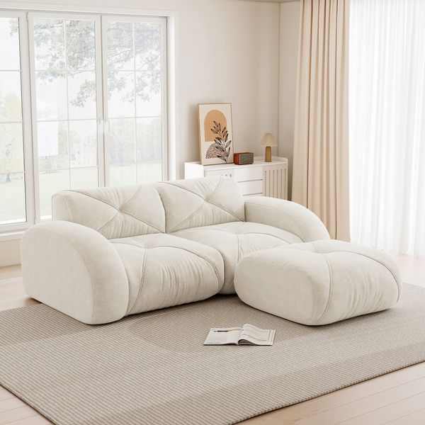 2-Sitzer Sofa 204×171×76 cm aus Chenille rahmenlos modular mit Hockern, weiß