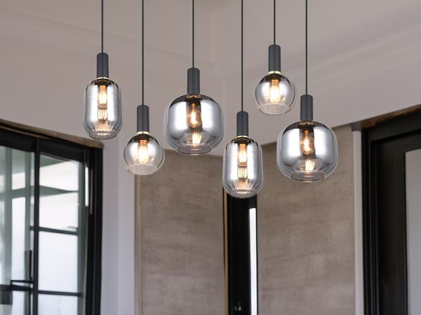 Pendelleuchte DIVA 6-flammig mit Glasschirmen Chrom bedampft, Breite 92cm