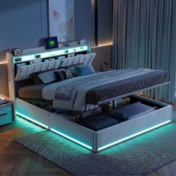 Furnishings Home Polsterbett Stauraumbett Doppelbett LED (Hydraulisch hebbarer Stauraum), Mit LED-Beleuchtung, Bettkasten, Ladefunktion, Samt, 140x200 cm