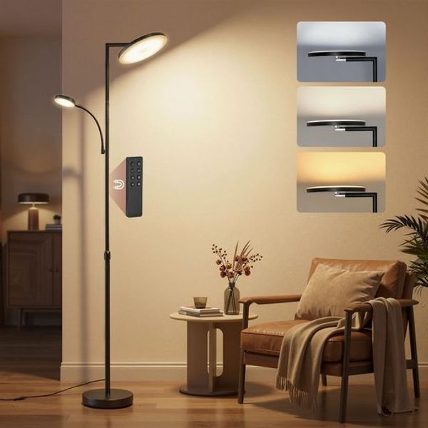 VASAGLE LED-Stehlampe höhenverstellbar, Standleuchte mit Leselampe, Timer, Schlafzimmer, Büro, Fernbedienung, schwarz