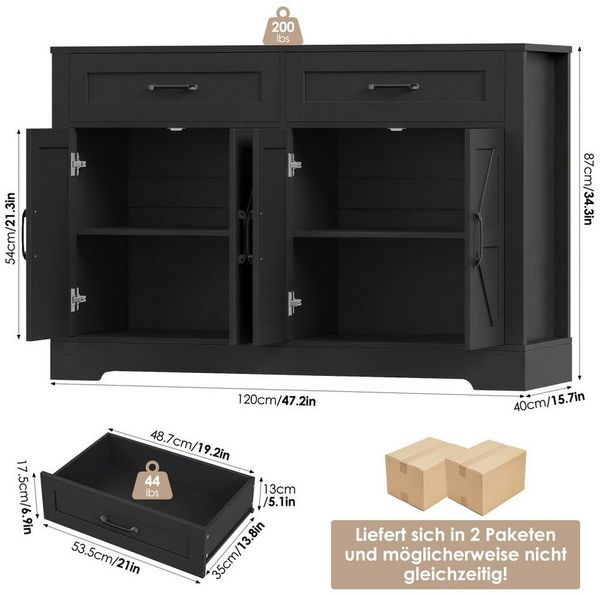 HOMECHO Buffet 120cm Küchenschrank mit 2 Schubladen 4 Türen