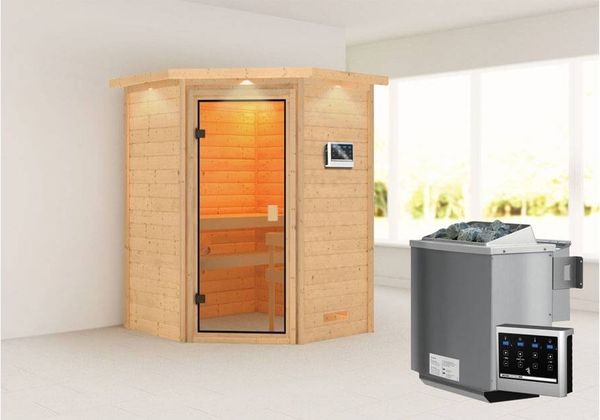 Karibu Ecksauna Antonia mit Dachkranz + 9kW BIO-Kombiofen mit ext. Steuerung Easy