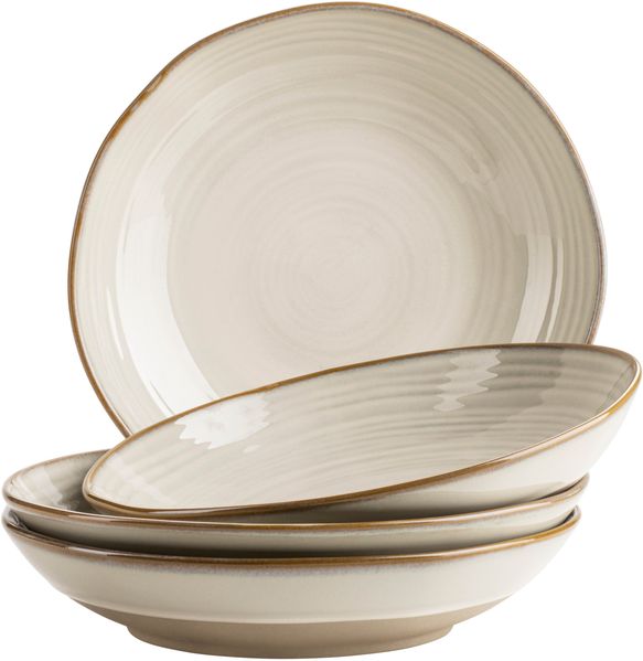 4er Suppenteller Set mit filigranem Linienspiel und edler Glasur, große tiefe Teller für Pasta und Suppen aus Keramik in modernem Vintage Look; Beige