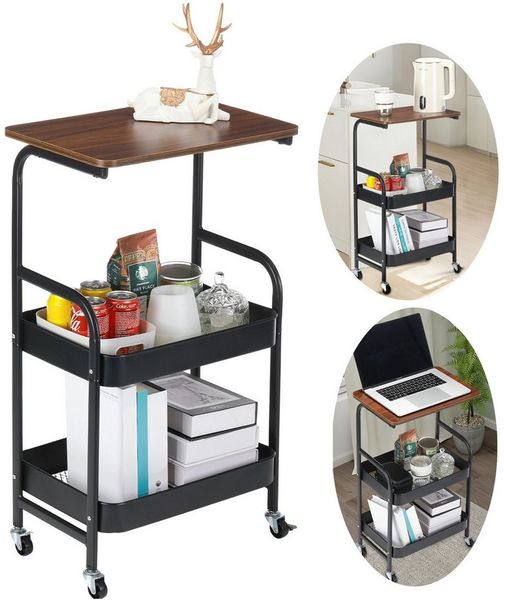 oyajia Rollwagen Küchenwagen mit 2 Ablagekörben und Holzplatte, Couchtisch C Form, (1 St), Multifunktionaler Beistelltisch für Küche, Wohnzimmer oder Büro