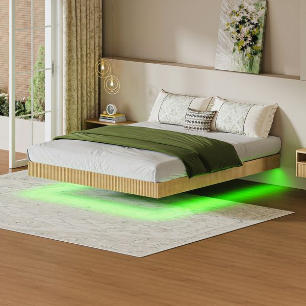 Modernes Bett mit Schwebedesign und Nutenverkleidung, ausgestattet mit stimmungsvollen LED-Leuchten und verstärktem Flacheisen-Bettgestell-180x200 cm – Hell Eiche