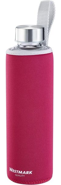 Westmark Trinkflasche, aus Glas mit Aufdruck, inkl. Schutzhülle, 550 ml, Glas/Silikon/Kautschuk, BPA-frei, Viva, Rot/Silber/Klar, 5272226R