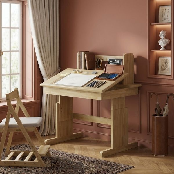 Novelux Kinderschreibtisch höhenverstellbar 80x60 cm mit neigbarer Tischplatte 0-43° und Buchstütze – Massivholz Natur, für Kinder ab 6 Jahren
