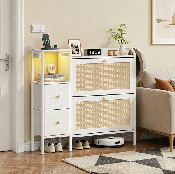 OYRREU Schuhkipper mit 2 Klappen & 3 Ablageflächen, Flur Möbel Schuhschrank 115 cm (Schuhkommode 1-St. mit Beleuchtung, OTTO'S CHOICE), Rattan-Türen, platzsparendes Design, atmosphärisches Licht