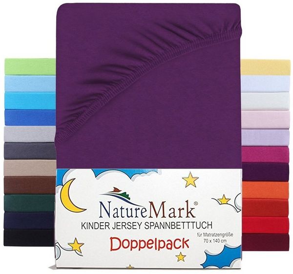 NatureMark 2er Pack Kinder JERSEY Spannbettlaken, Spannbetttuch 100% Baumwolle in vielen Größen und Farben MARKENQUALITÄT ÖKOTEX STANDARD 100 | 70x140 cm - lila