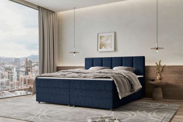 99rooms Bergamo Boxspringbett Webstoff MALMO_NEW Dunkelblau 140x200 cm Schaum Topper 6 cm
