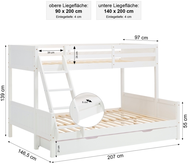 Kinderbett mit 2 Matratzen Etagenbett 90x200 und 140x200 Weiß Holz Doppelstockbett Jugendbett Hochbett Stockbett Bettkasten Bild 3
