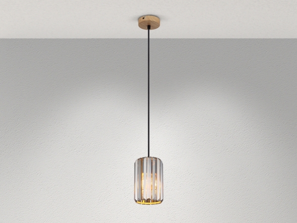 Hängeleuchte, Holzoptik, Kristalle rauch, H 120 cm