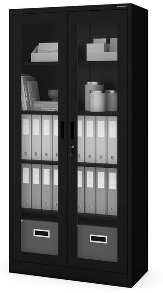 Jan Nowak Aktenschrank C012 Glasvitrine Büroschrank Universalschrank Flügeltürschrank Stahlblech Pulverbeschichtung abschließbar 185 x 90 x 40 cm (Schwarz)