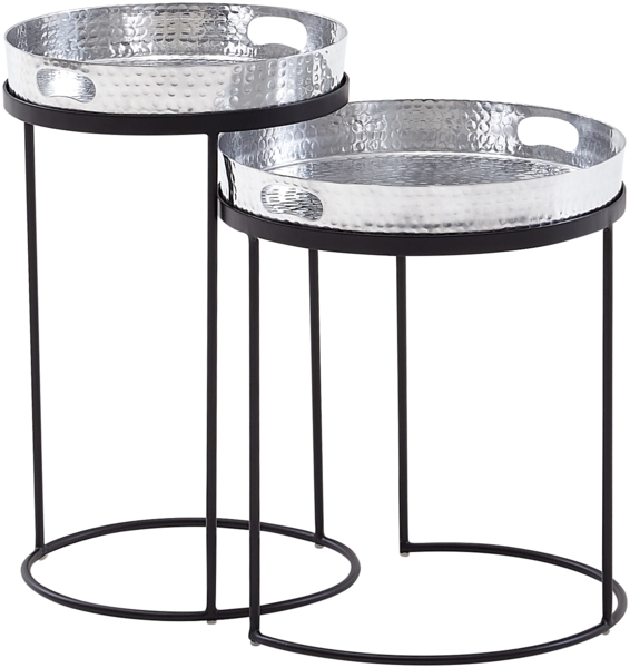 Beistelltisch 2er Set Silber / Schwarz Metall Hammerschlag Satztisch Rund, Couchtisch abnehmbares Tablett, Tabletttisch Sofa 2 teilig Modern, Runder Sofatisch