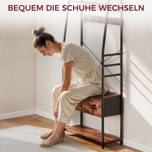 MC Star Garderobe mit Schuhregal, Mantelständer mit Sitzbank, 10 Haken (2 Stoffschubladen, Kleiderstange, Spanplatte, Metall, Braun)