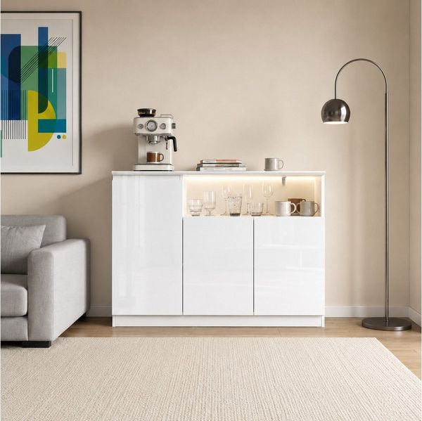 FUFU&GAGA Sideboard Hochglanz 120cm Kommode mit Beleuchtung 3 Farbe, weiß
