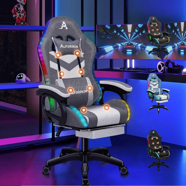 Gaming Stuhl LED 8-Punkt-Massage RGB Beleuchtung Lordosenstütze Kopfstütze Grau