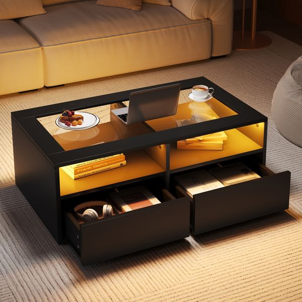 Couchtisch 100x50x35 cm schwarz gehärtetes Glas LED-Beleuchtung 2 offene Fächer 2 Schubladen