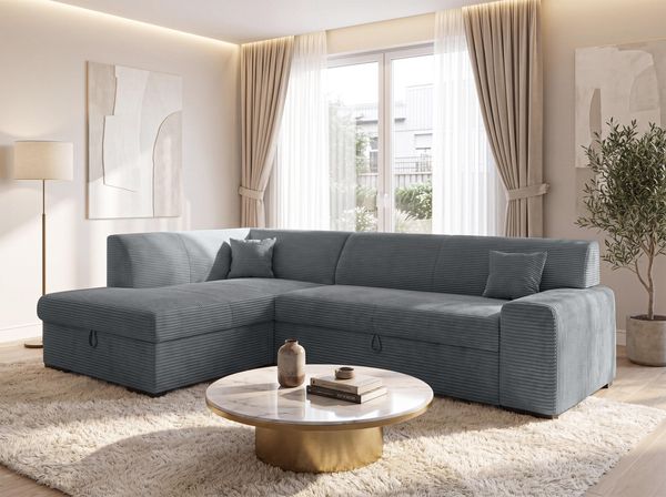AX LIVING Ecksofa Grau Lucera 260 cm Schlafsofa mit Bettkasten L