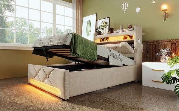 MODFU Polsterbett Modernes Stoffbett mit LED-Beleuchtung (Struraumbett, Funktionsbett, 90*200, Ohne Matratze), mit USB-C Ladestation und hydraulischem Hubsystem