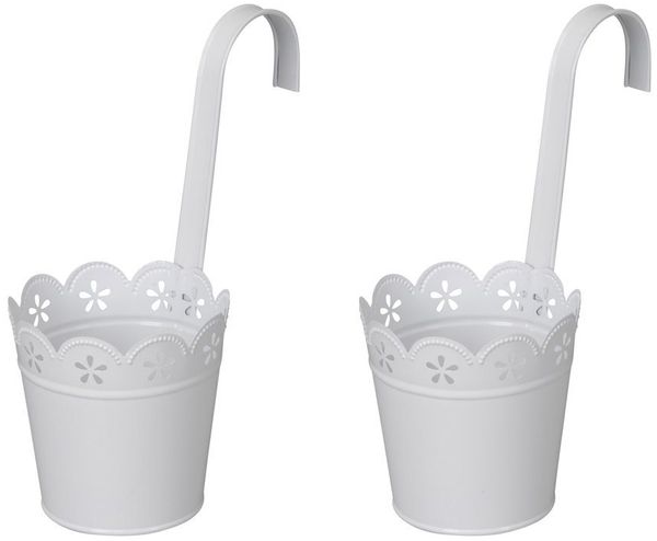 LB H&F Lilienburg Blumentopf 2er Set Hängetopf Blumentopf Übertopf Geländertopf Terrasse (Hänger Topf Shabby Spitze Ornament Deko zum einhängen Balkontopf Pflanztopf Balkon Weiss Metall P NEO), Kräutertopf Kräuterregel Pflanzenhalter Palettenregal häng...