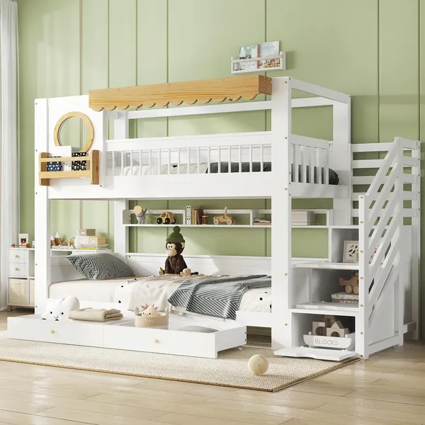 Etagenbett mit 2 Liegeflächen und Stauraum, (90x200 cm, mit Schubladen, Treppe und Regal), Kinderbett mit Rausfallschutz, Kiefer