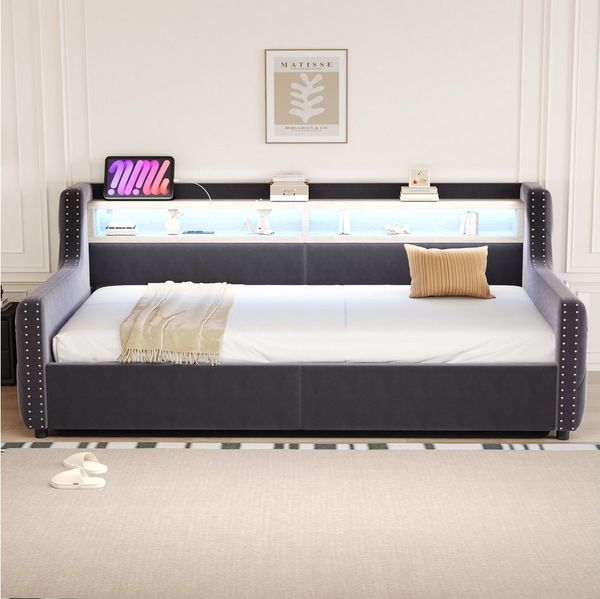 OKWISH Schlafsofa Polsterbett Stauraumbett, mit hydraulischem Stauraum, LED-Beleuchtung, Ablagefach, Steckdose, Ladeanschluss und komfortabler Rückenlehne 90x200 cm, ohne Matratze