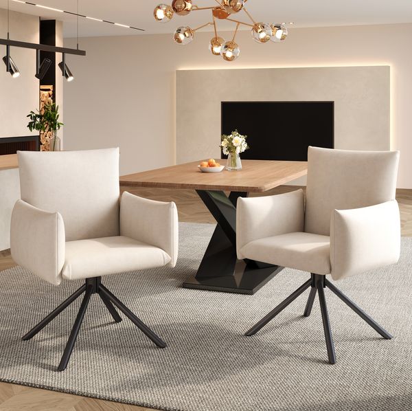 2er-Set drehbare Esszimmerstühle aus Samt in Beige, 88 x 60 x 60 cm, mit Armlehnen und Metallbeinen