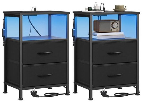 SONGMICS Nachttisch mit LED-Beleuchtung und Ladestation, 2er Set, Nachttisch mit 2 Schubladen und offenem Fach, schwarz