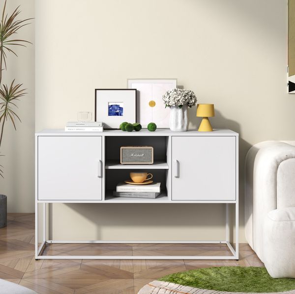 Sideboard 120 x 40 x 75 cm aus Metall mit 6 Fächern – weißer Schrank mit Anti-Kipp-Sicherung
