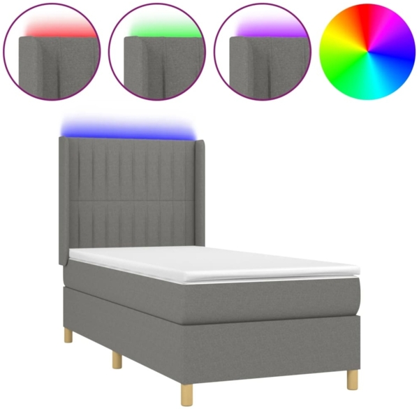 vidaXL Boxspringbett mit Matratze & LED Dunkelgrau 90x200 cm Stoff 3139006