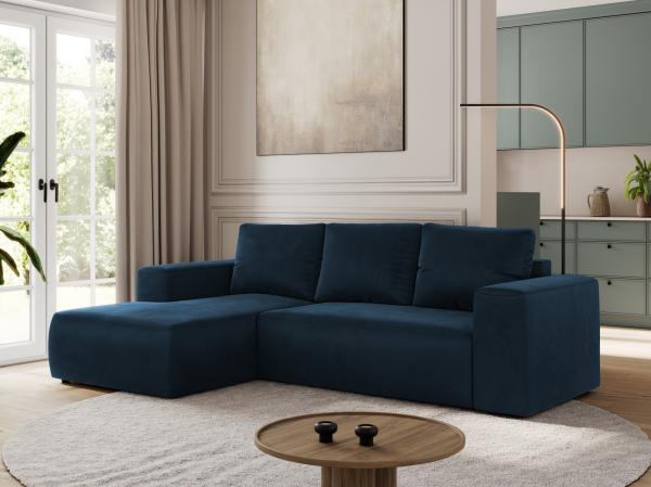 Ecksofa mit Schlaffunktion, Bettkasten und losen Kissen für das Wohnzimmer - TRENTINO - Dunkelblau Velvet - links